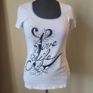White House Black Market White Embellished Tee T-Shirt Top Love Life Worn Once